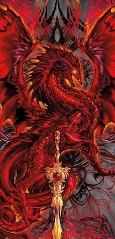 Fiery red dragon with intricate wings and sword on a mystical background.