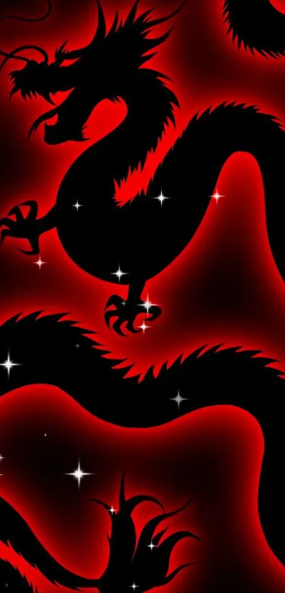 Silhouette of a fiery red dragon on a mobile wallpaper background.