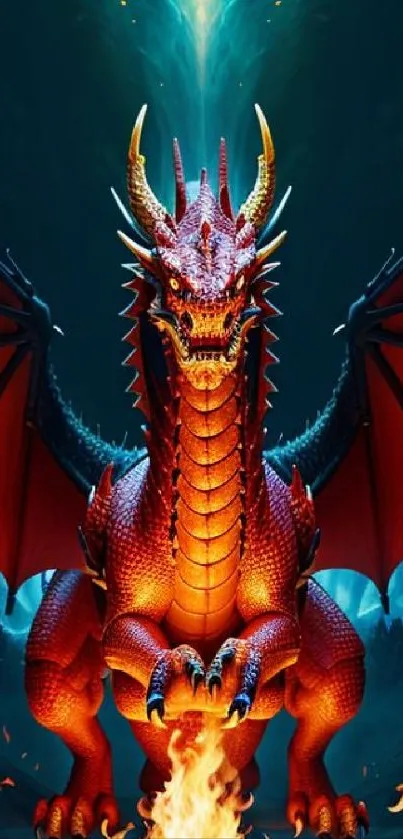 Fiery red dragon breathing fire, set against a mystical blue backdrop.