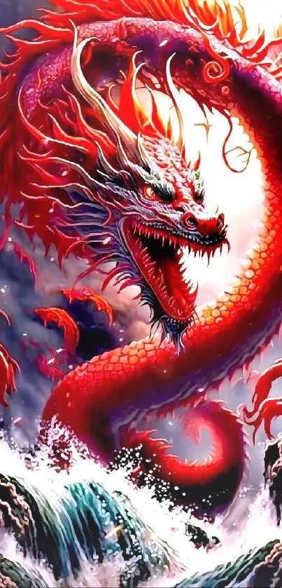 Fiery red dragon surging through stormy waves, enhancing fantasy allure.