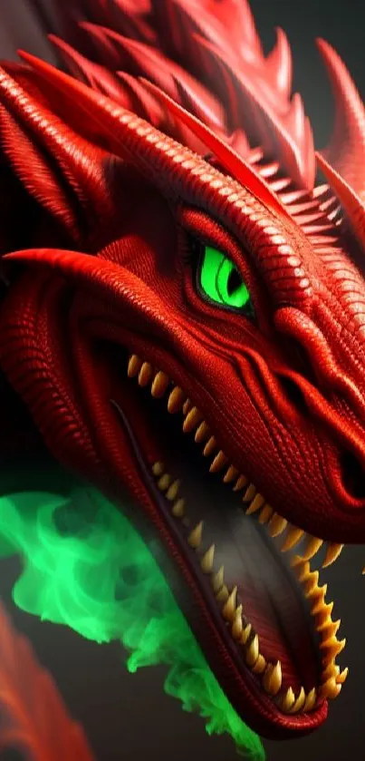 Red dragon with fiery scales and green eyes on a dramatic background.