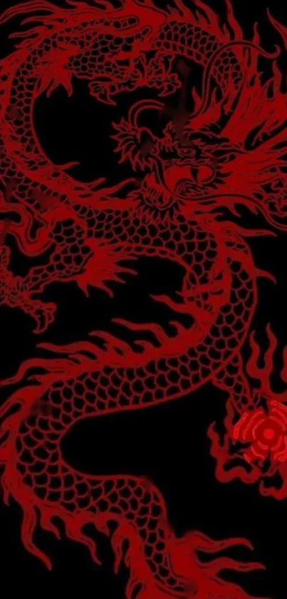 Intricate red dragon design on black background.