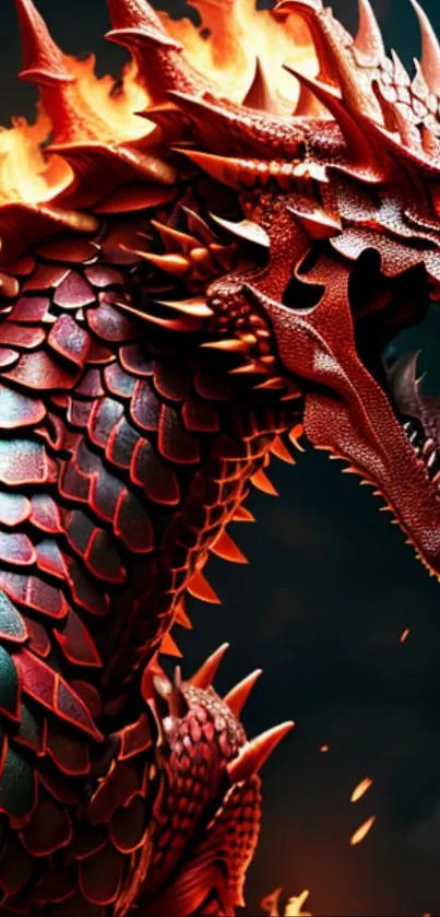 Fiery red dragon with blazing flames and detailed scales.