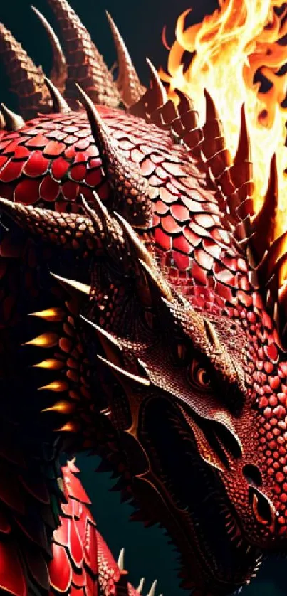 Red dragon with fiery flames on dark background.