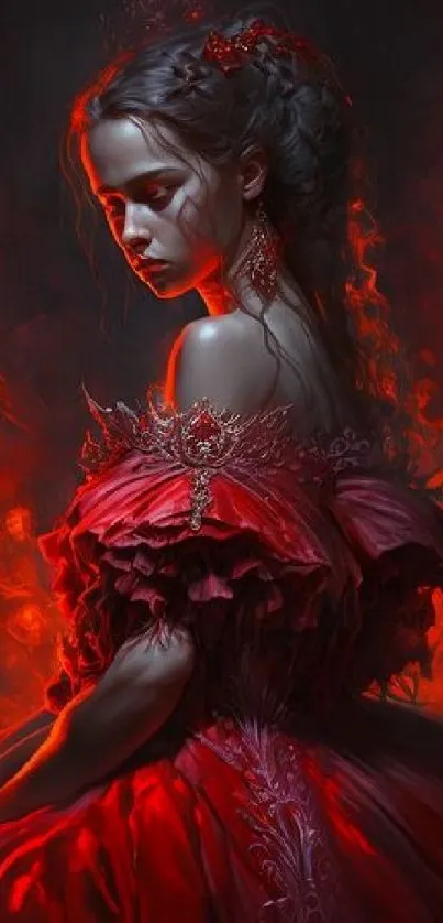 Portrait of a woman in a fiery red dress with a dramatic, dark background.