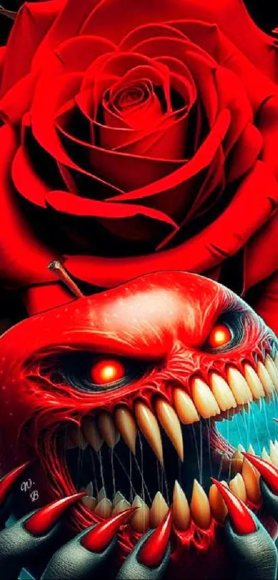 Fierce red apple and gothic rose wallpaper with sharp teeth.