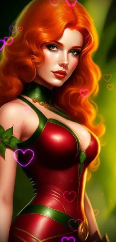 Fantasy warrior with red hair in vibrant green background.