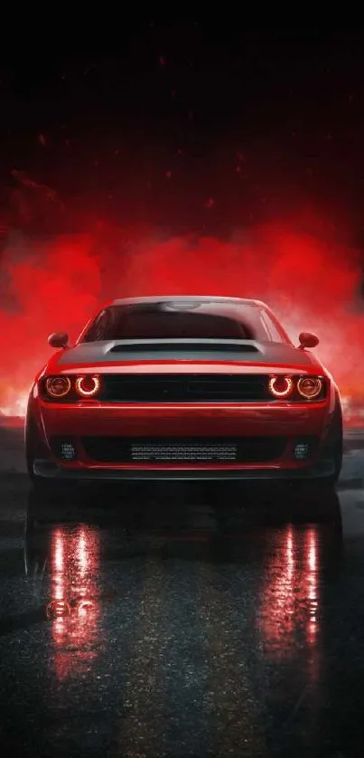 Fiery red muscle car with glowing headlights on a dark, reflective background.