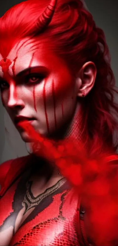 Fiery red character with mystical elements and dynamic design.