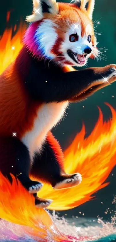 Fiery red panda surfing on blazing waves illustration.