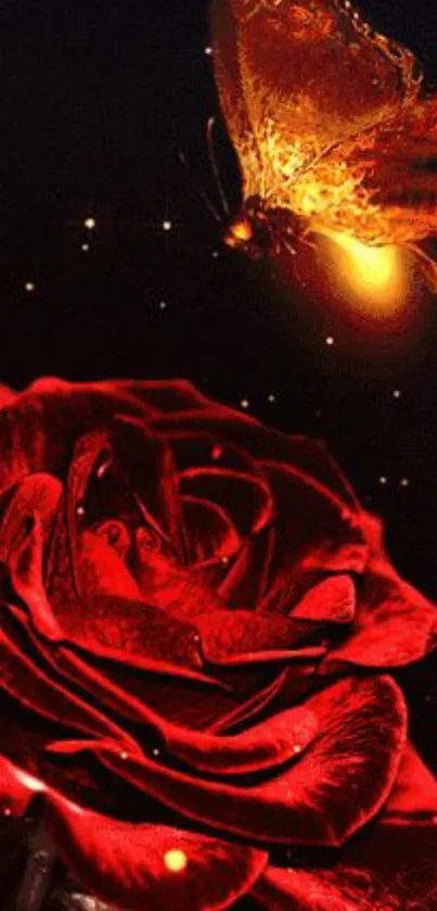 Fiery red rose with glowing butterfly on a dark backdrop.