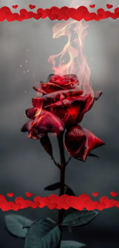 Fiery red rose with flame effects and heart border.