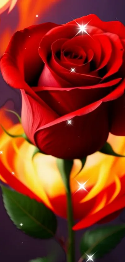 Fiery red rose with sparkles and flames wallpaper.