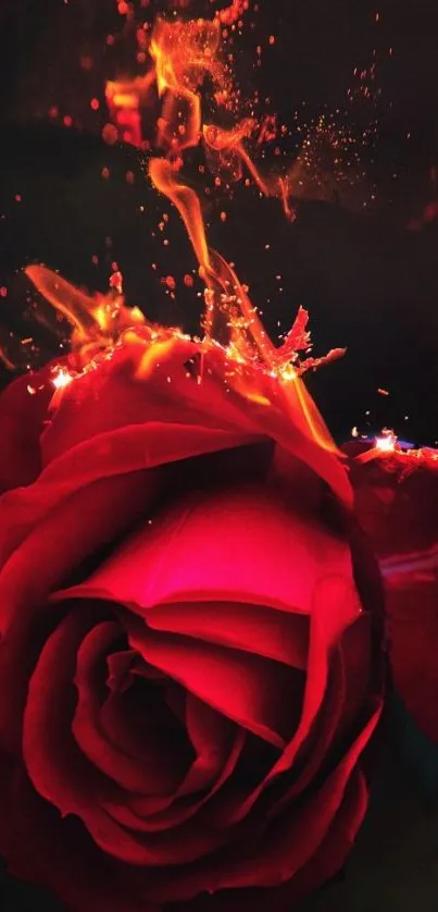 Fiery red rose with vibrant flames on dark background.