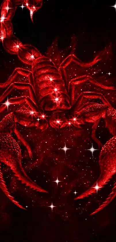 Fiery red scorpion on a dark starry background.