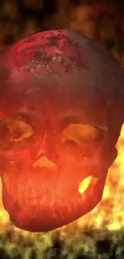 Fiery red skull with flames in background.