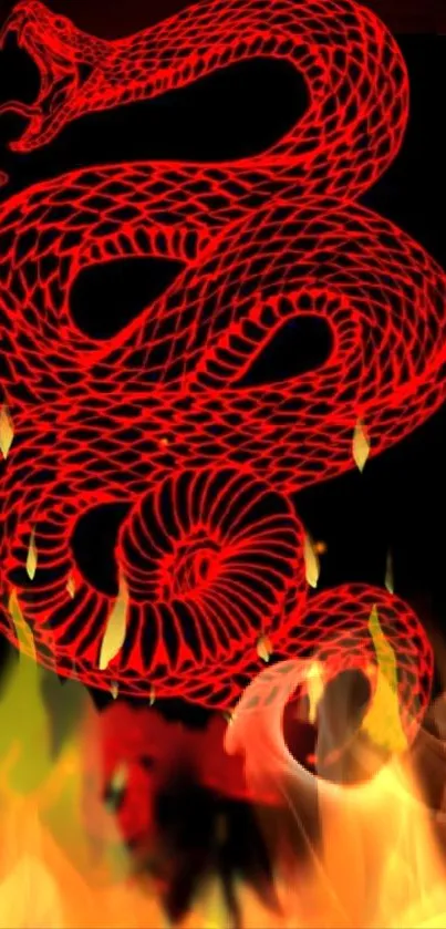 Fiery red snake with flames on a black background wallpaper.