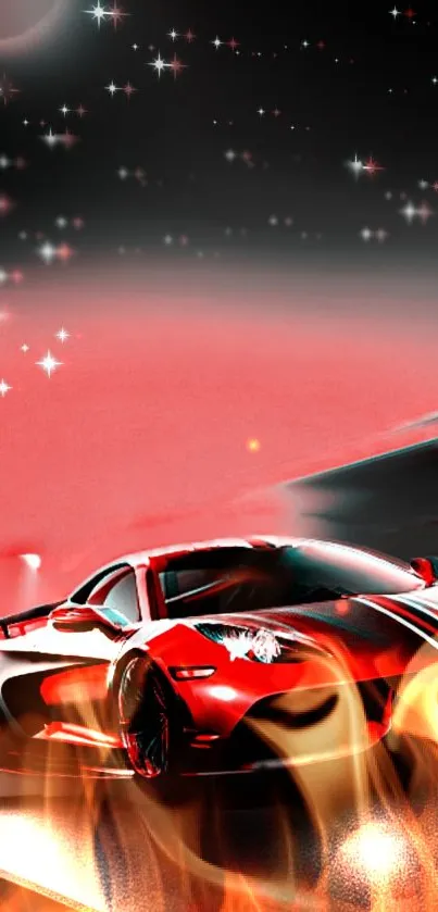 Fiery red sports car with flames and stars in a night sky wallpaper.