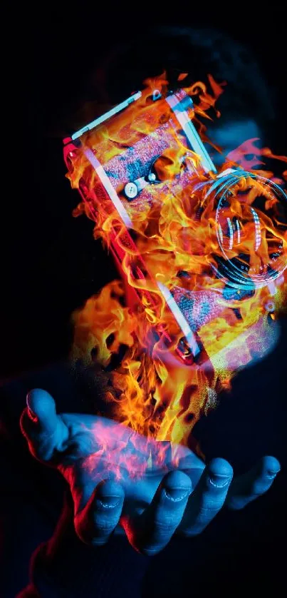 Vintage camera engulfed in flames over a dark background, creating dramatic art.