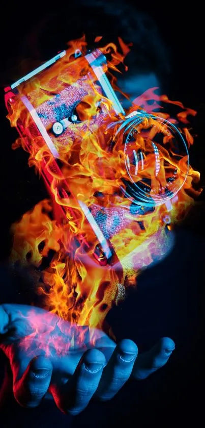 Vibrant wallpaper of a flaming vintage camera held in a hand.