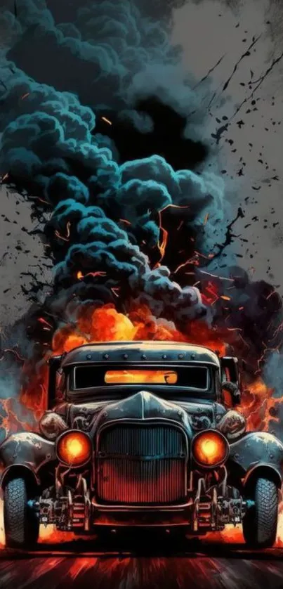 Fiery retro car art with flames and smoke in dramatic style.