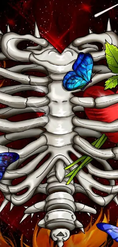 Ribcage with butterflies and roses on a fiery background.