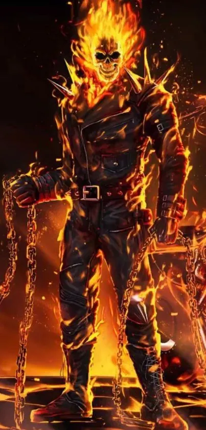 Flaming figure with chains and motorcycle.