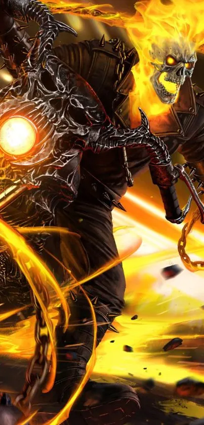 A fiery skeleton rider on a motorcycle with intense flames.