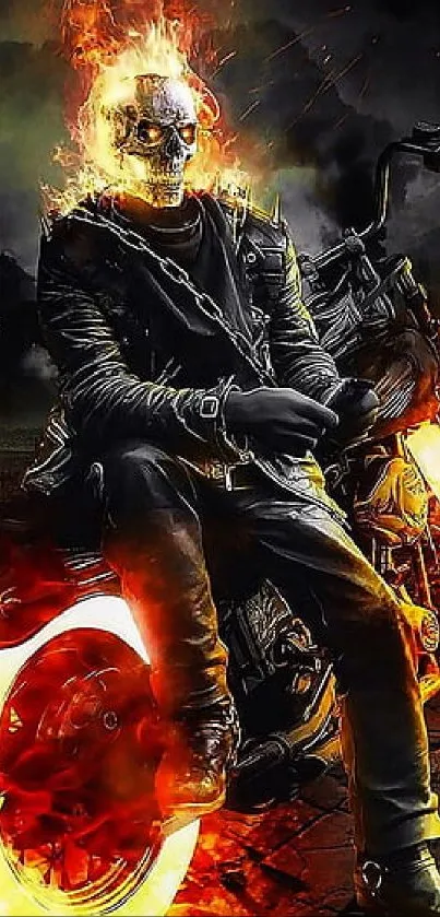 Flaming skull biker on motorcycle wallpaper.