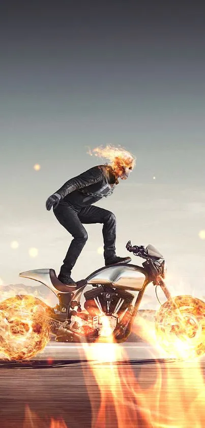 Rider on a motorcycle with fiery wheels, set against a gray backdrop.