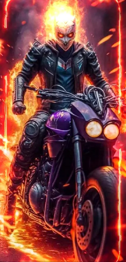 Ghostly rider on fiery motorcycle, engulfed in flames, speeding through the night.