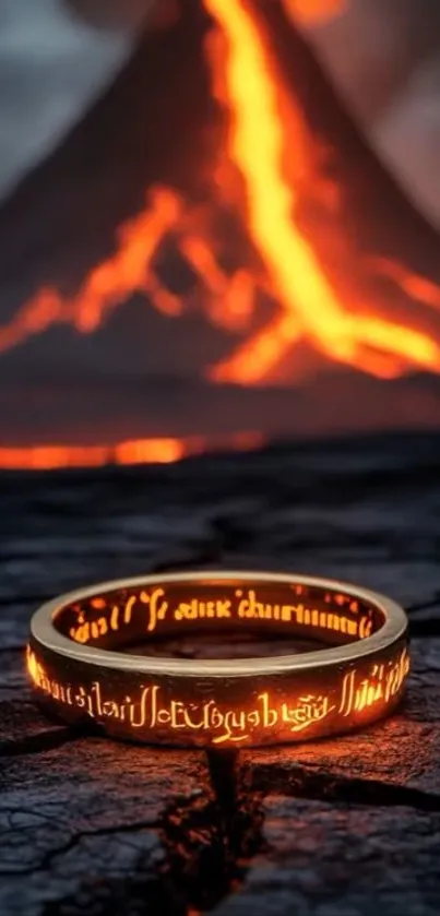 A glowing ring with volcanic eruption in the background, creating a fiery scene.