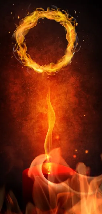 Fiery ring of flame above a glowing candle on a dark background.