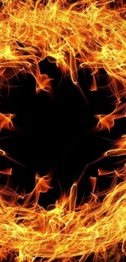 Fiery orange ring on black background, abstract mobile wallpaper.