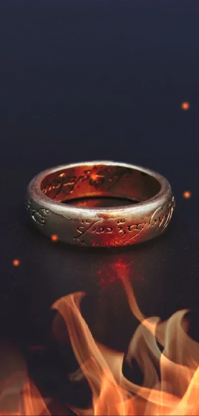 A glowing, scripted ring surrounded by vibrant flames on a dark background.