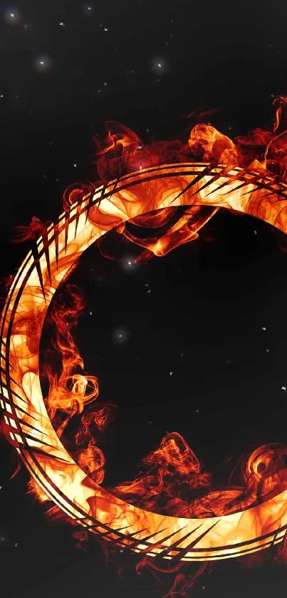 Fiery ring with vibrant flames on a black background, perfect for mobile wallpaper.