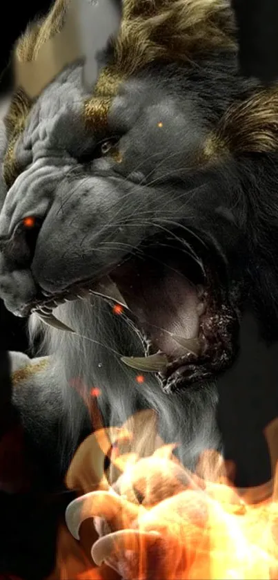 Roaring lion engulfed in flames, fierce and dynamic mobile wallpaper art.