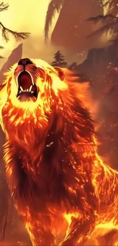 Fiery lion roaring in a forest background.