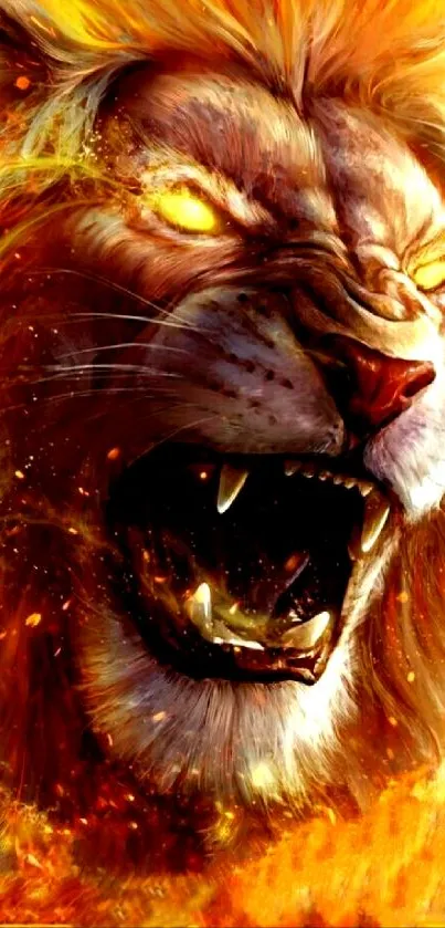 Roaring lion with fiery mane background.