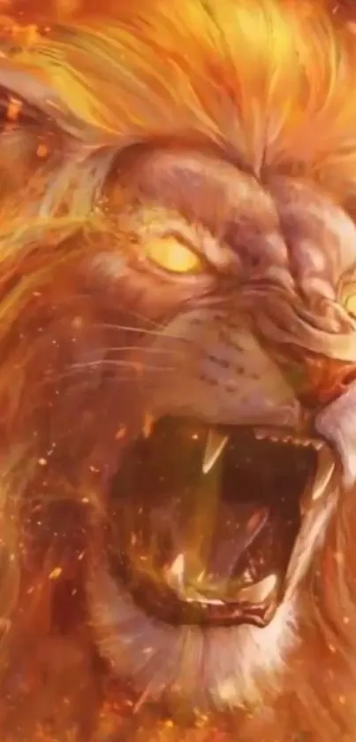 Fiery roaring lion with flames, intense energy.