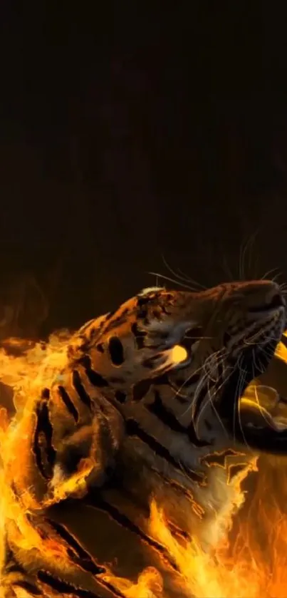 Roaring tiger engulfed in vibrant flames on a dark background.