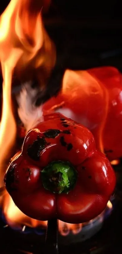 Fiery roasted red peppers over open flame.