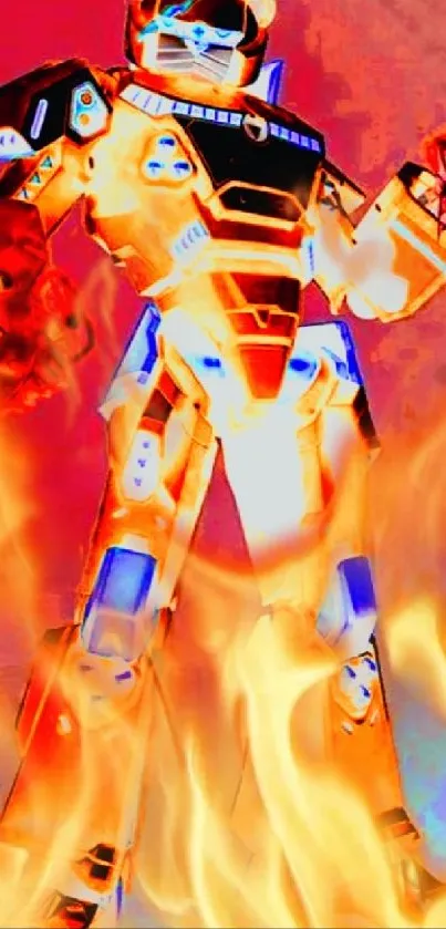 Fiery robot engulfed in flames, vibrant sci-fi design.