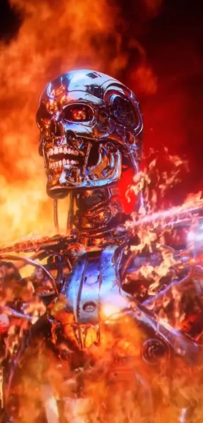 Metallic robot skull engulfed in vibrant flames, sci-fi art wallpaper.