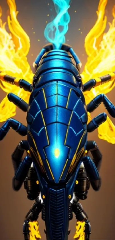 Fiery robotic beetle with blue flames in artistic wallpaper.