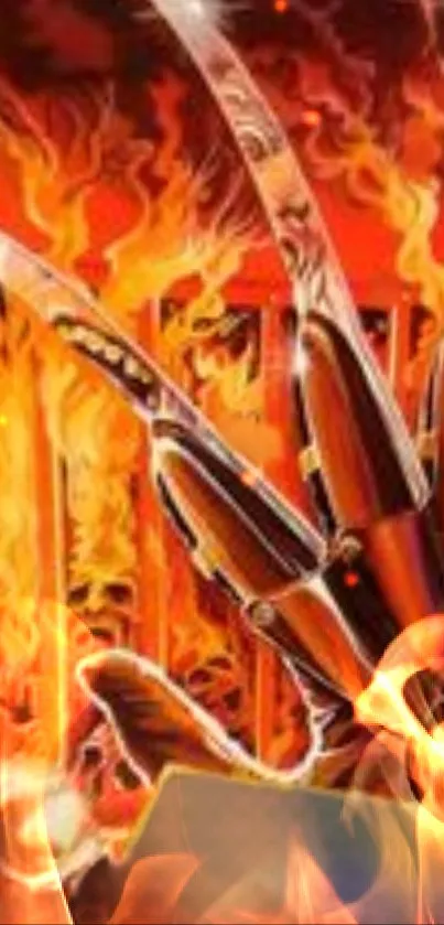 Mechanical claw engulfed in vibrant flames on a mobile wallpaper.