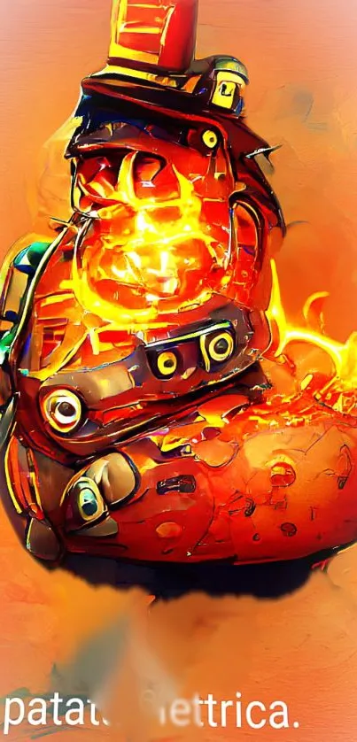 Fiery robotic potato with vibrant colors on a digital wallpaper.