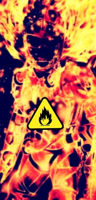 Fiery robotic warrior with hazard sign.