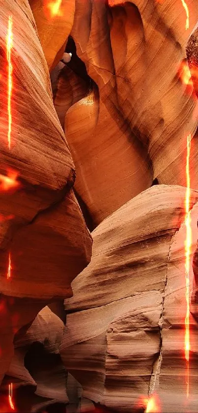 Orange fiery rock formations with flames.