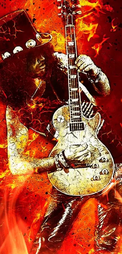 Dynamic artwork of a fiery guitarist playing electric guitar.